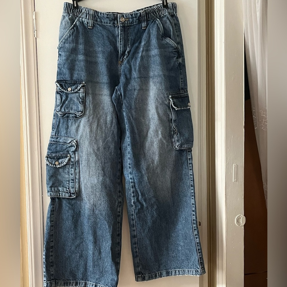 Men's Blue Denim Cargo Pants by Urban Outfitters